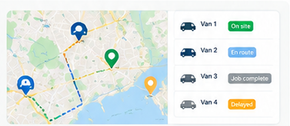 Vehicle and location view showing operational status and map information.